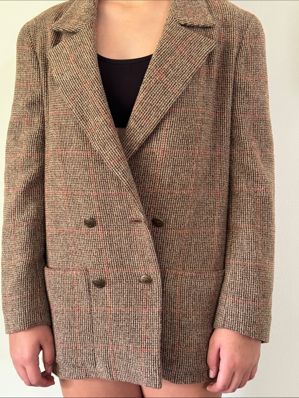 CHANEL Brown Tweed Double-Breasted Blazer with Pink Windowpane